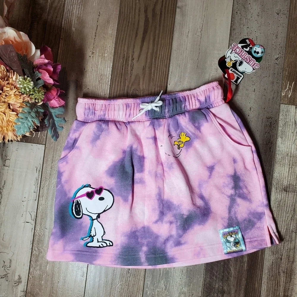 NWT Justice Girls Pink Purple Tie-Dye Snoopy Fleece Skirt Skort Size Large 12/14